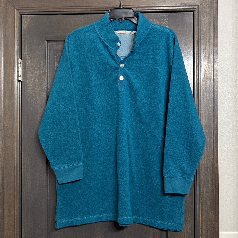 Soft Surroundings Womens Teal Fleece 1/4 Button Pullover tunic Sz L‎